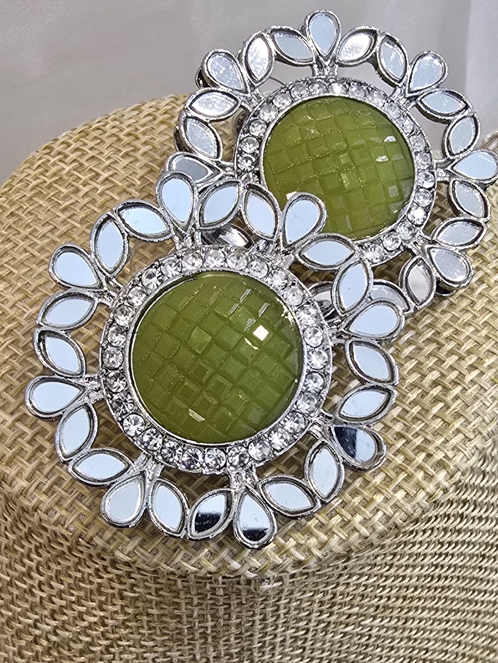 Green Center Crystal Floral Stud Earrings - Women Jewelry